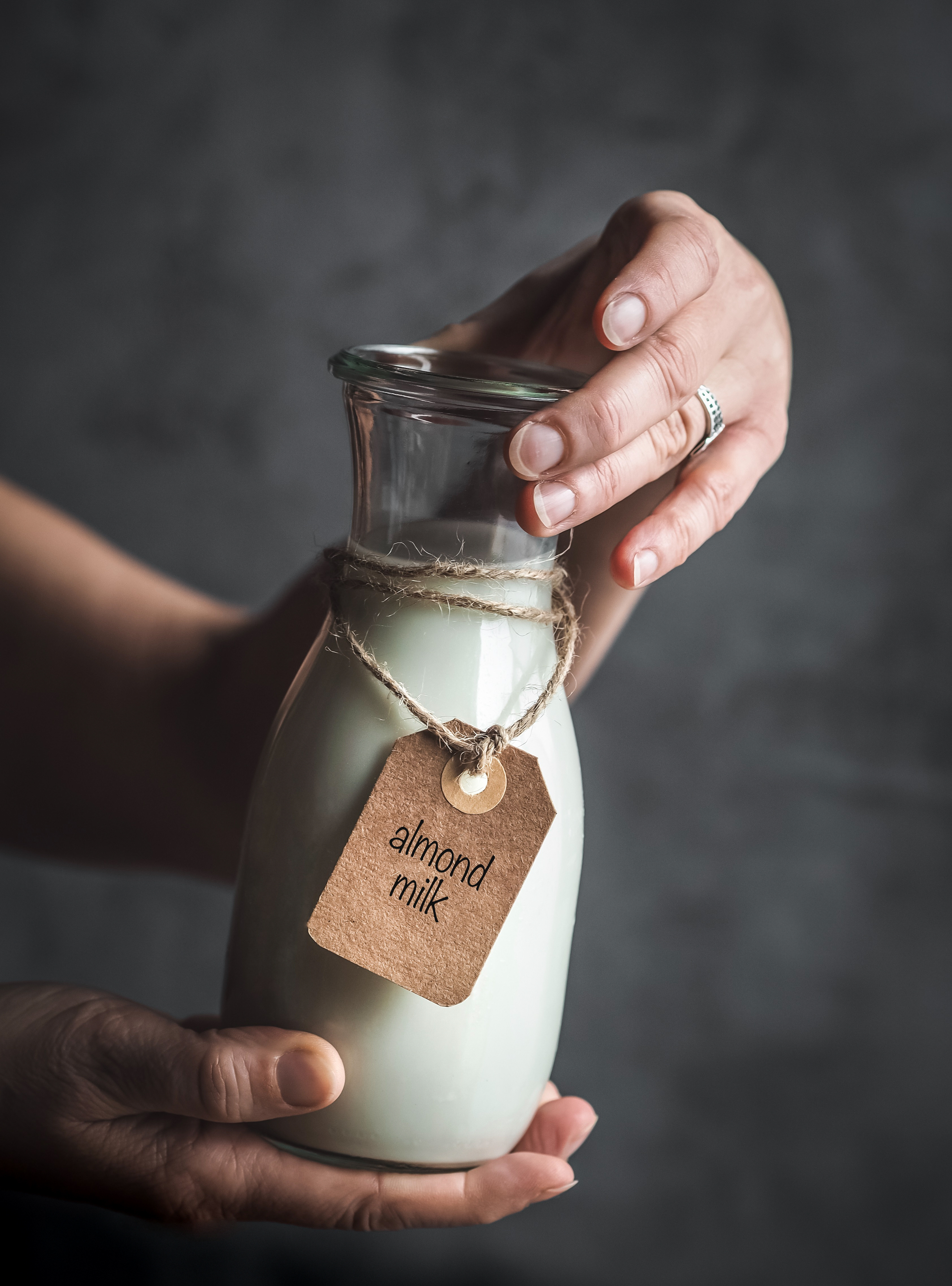 Almond milk in glass bottle